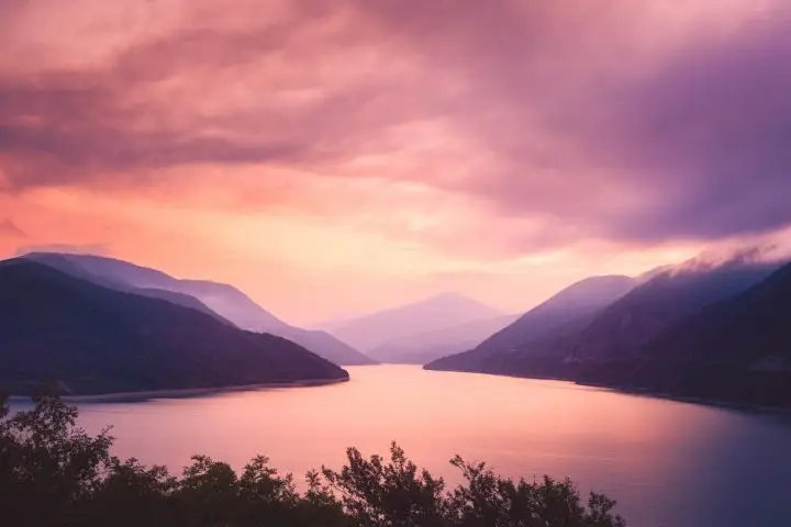 Sunrise landscape view of Zhinvali lake and mountains, Georgia